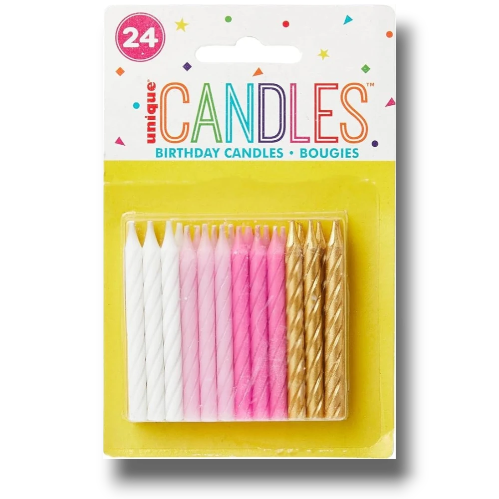 Pink / White / Silver Candles C/24