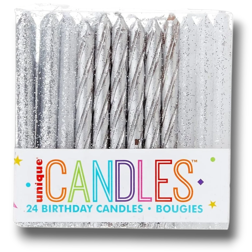 Glitter and Silver Spiral Candles C/24