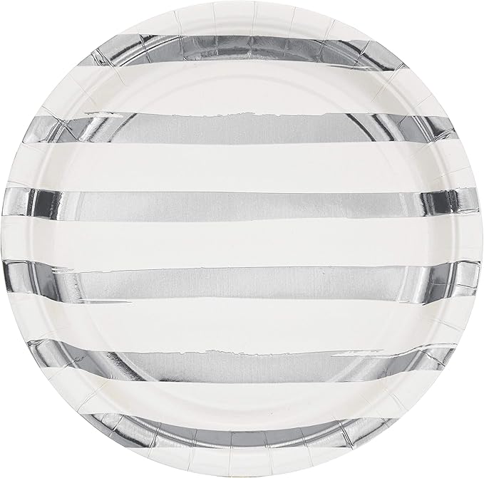 Plato 9" Foil Stripes Blanco / Plata C/8