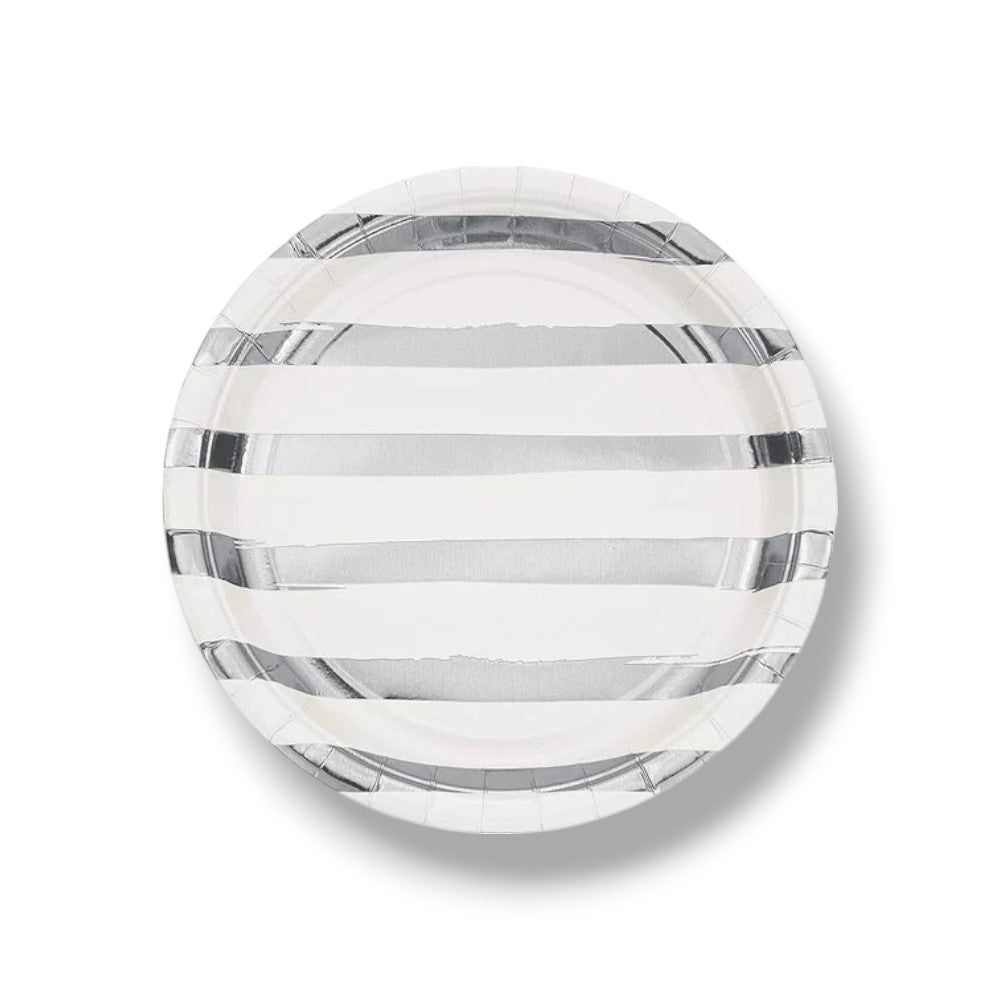 Plato 9" Foil Stripes Blanco / Plata C/8