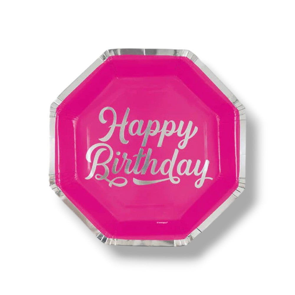 Hexagonal Plate 9" Silver &amp; Bright Happy Birthday C/8