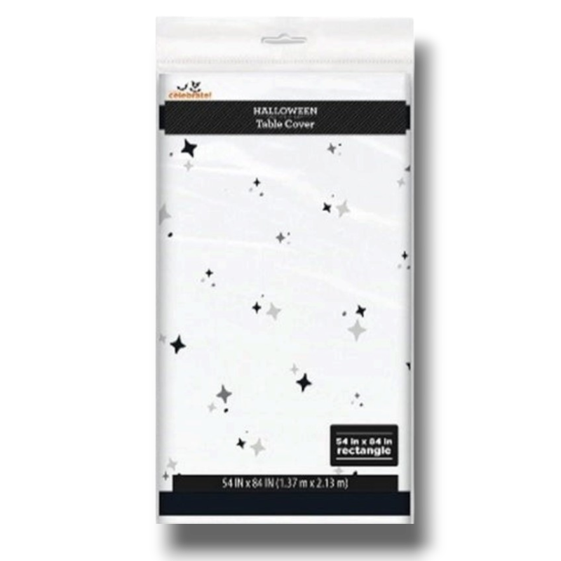 Mantel rectangular PartyStore con estampado de estrellas y lunas en blanco y negro para decoración de Halloween