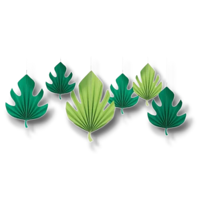Decoración de abanicos de papel PartyStore con forma de hojas tropicales en tonos verdes para fiestas temáticas