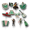 Set de 12 accesorios decorativos PartyStore con temática Viva México, incluyendo bailarines, instrumentos y sombreros.