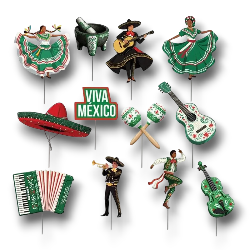 Set de 12 accesorios decorativos PartyStore con temática Viva México, incluyendo bailarines, instrumentos y sombreros.