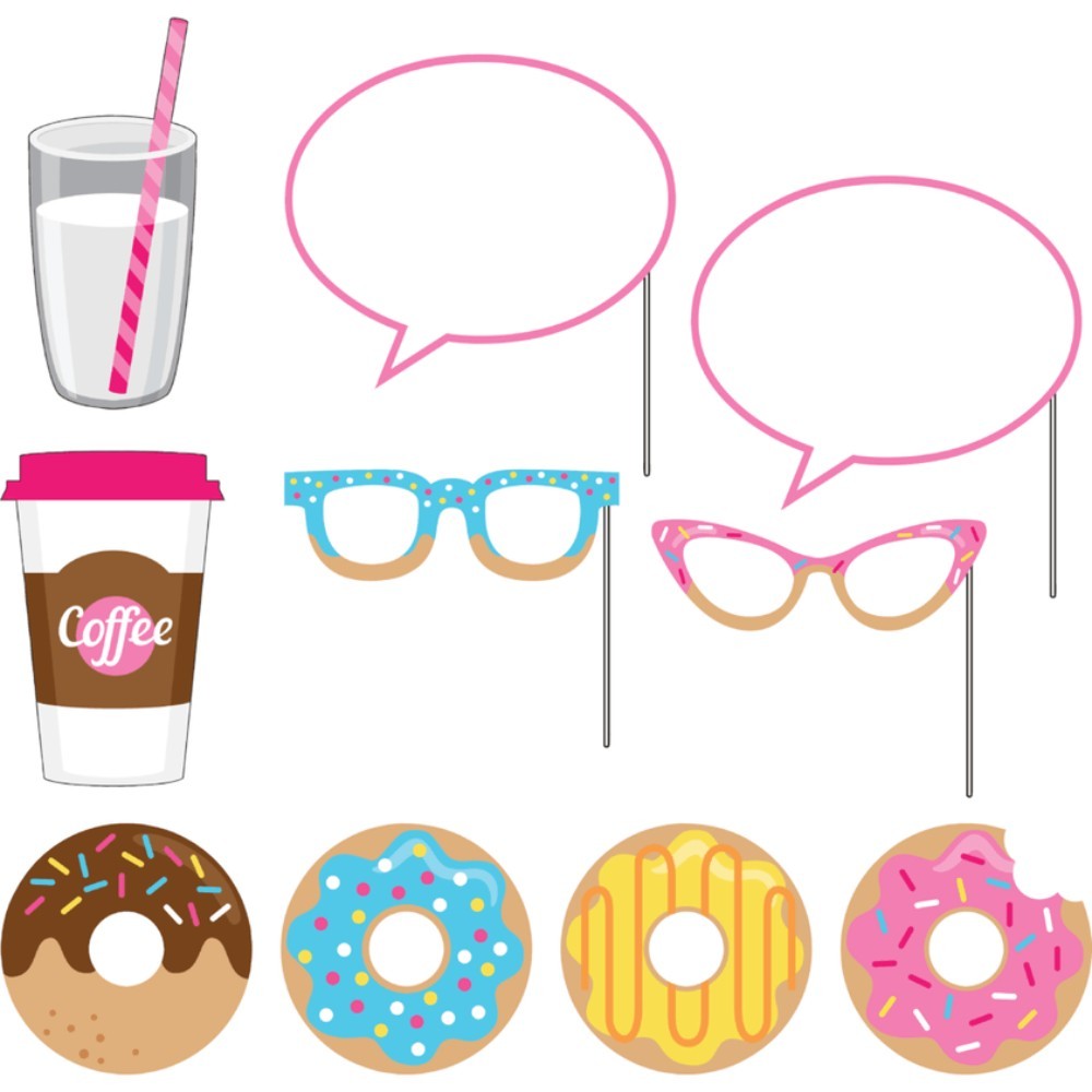 Set de 10 accesorios para fotomatón PartyStore con temática de donuts, gafas, vasos y bocadillos de texto coloridos.