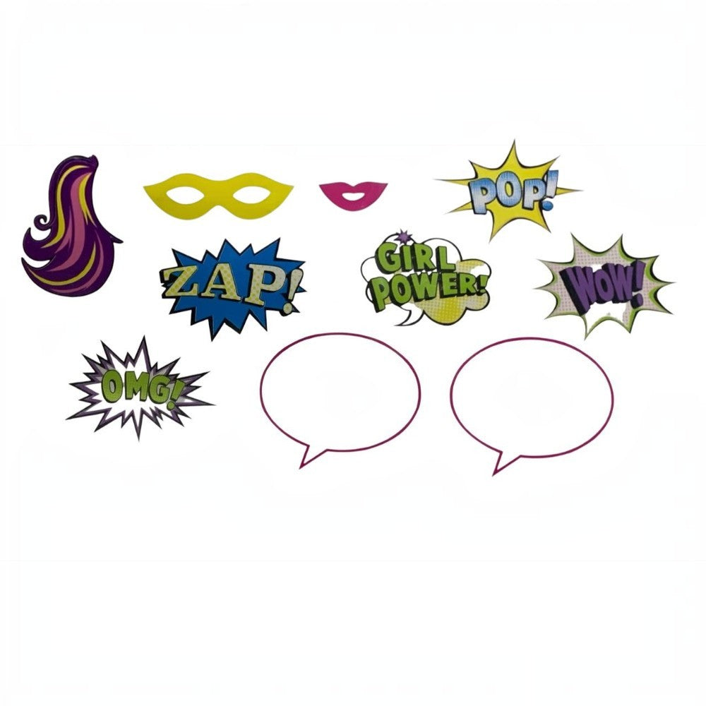 Set de 10 accesorios para fotos PartyStore con temática de superhéroes, incluyendo burbujas de texto y antifaz.