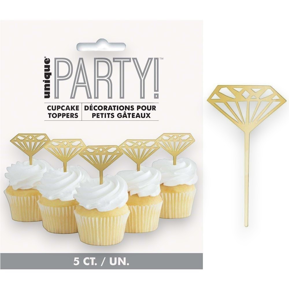 Set de 5 adornos para cupcakes PartyStore con forma de diamante dorado, ideales para decoración de pasteles