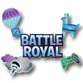 Adorno móvil PartyStore con temática Fortnite, incluye llama, paracaídas y mando de juego en tonos azules y morados.