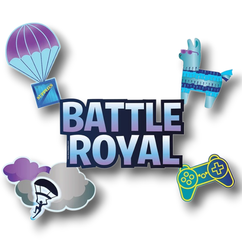 Adorno móvil PartyStore con temática Fortnite, incluye llama, paracaídas y mando de juego en tonos azules y morados.