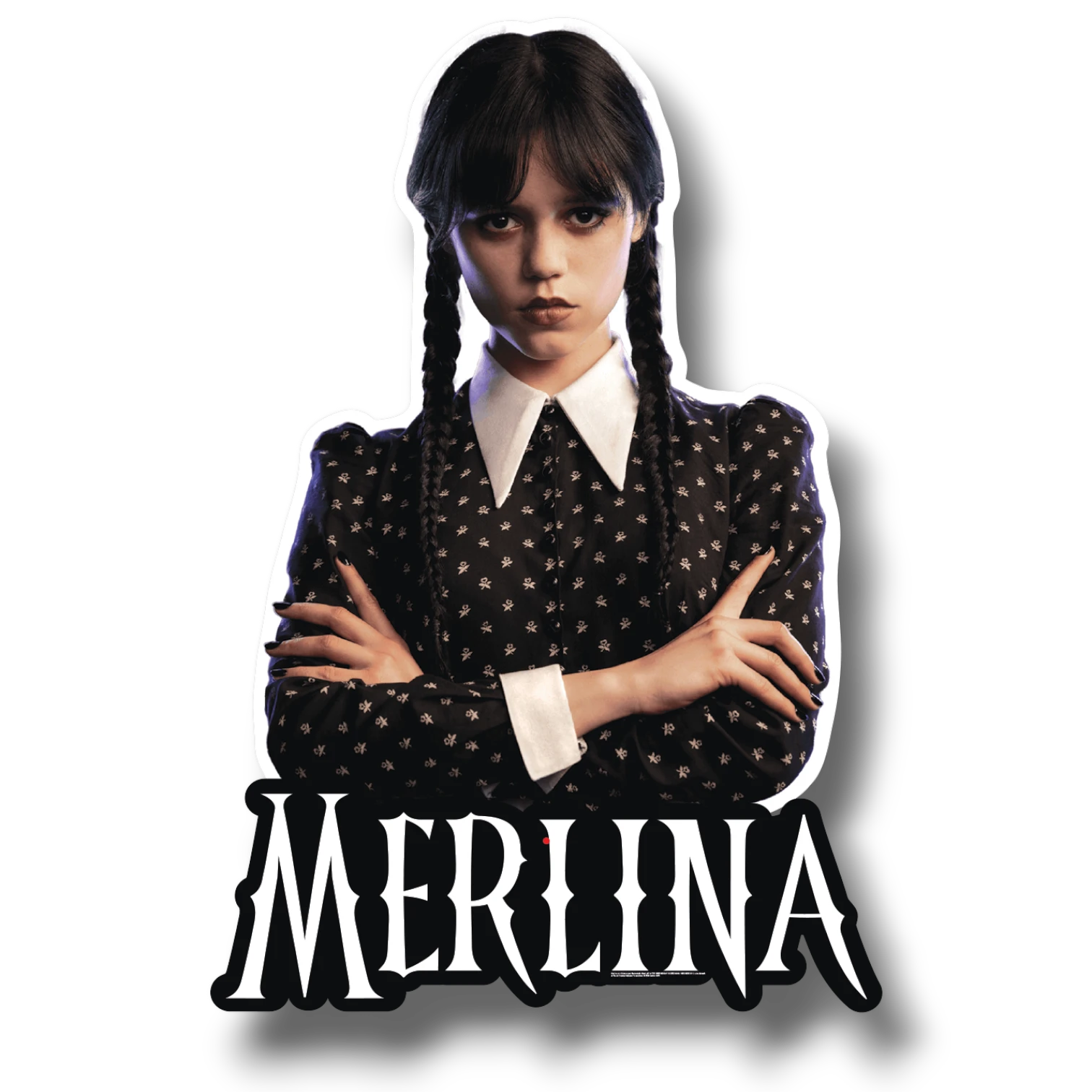 Adorno móvil de PartyStore con la figura de Merlina Addams vistiendo su icónico vestido negro con cuello blanco