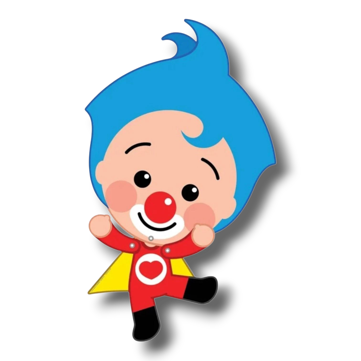 Adorno móvil de PartyStore con el personaje Plim Plim, payaso de pelo azul con traje rojo y capa amarilla