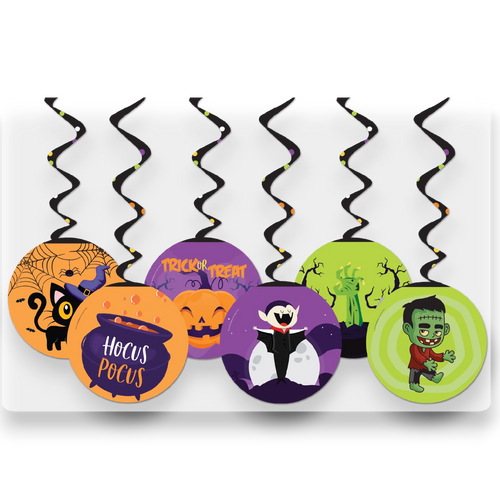 Adornos colgantes en espiral PartyStore con diseños de Halloween como calabazas, gatos, vampiros y zombies