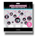 Adornos colgantes en espiral PartyStore con temática de redes sociales en colores rosa, azul y negro