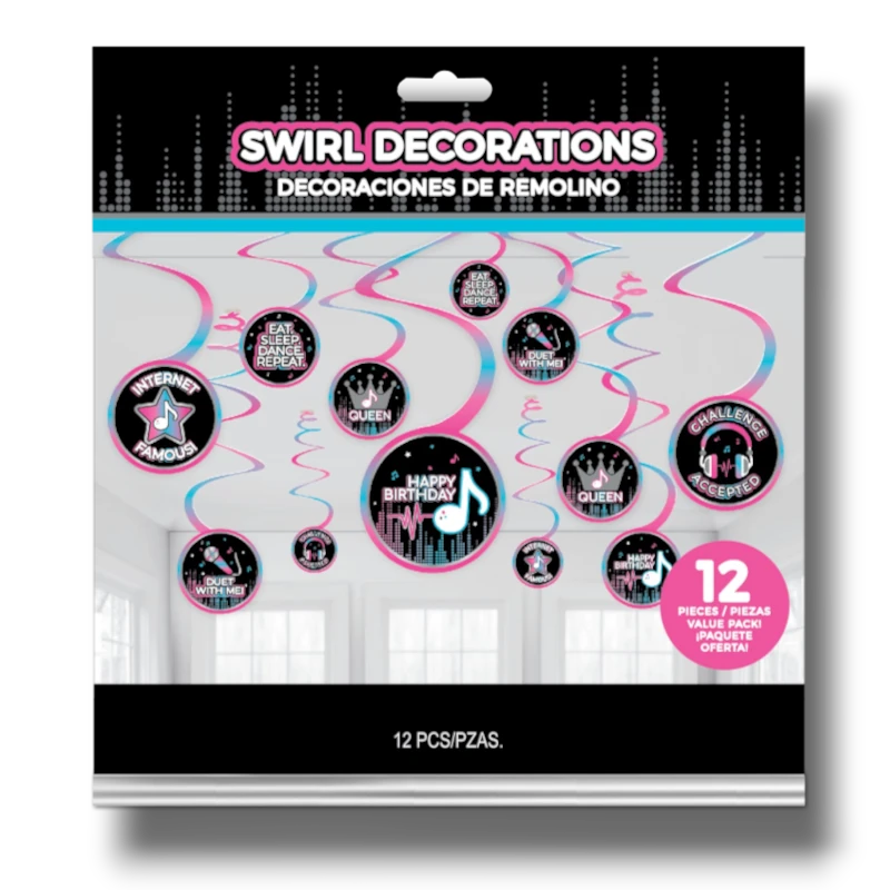 Adornos colgantes en espiral PartyStore con temática de redes sociales en colores rosa, azul y negro