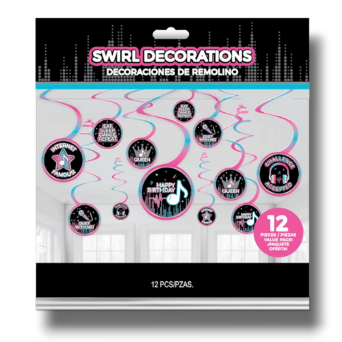 Adornos colgantes en espiral PartyStore con temática de redes sociales en colores rosa, azul y negro