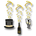 Adornos espirales dorados PartyStore con motivos de Año Nuevo, sombrero, botella de champán y copas brillantes.