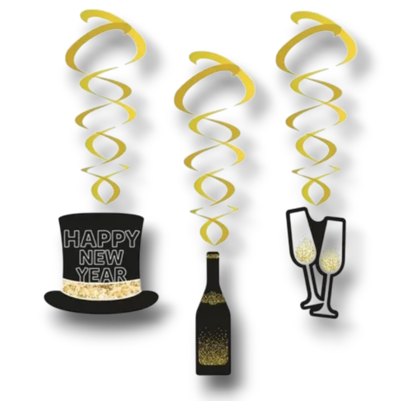Adornos espirales dorados PartyStore con motivos de Año Nuevo, sombrero, botella de champán y copas brillantes.