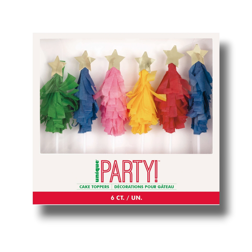 Set de 6 adornos para pastel PartyStore con forma de árbol de Navidad colorido, flecos de papel y estrellas doradas