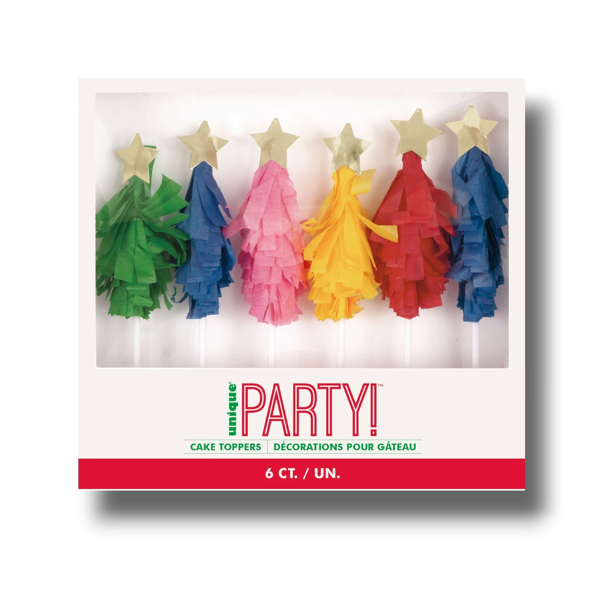 Set de 6 adornos para pastel PartyStore con forma de árbol de Navidad colorido, flecos de papel y estrellas doradas