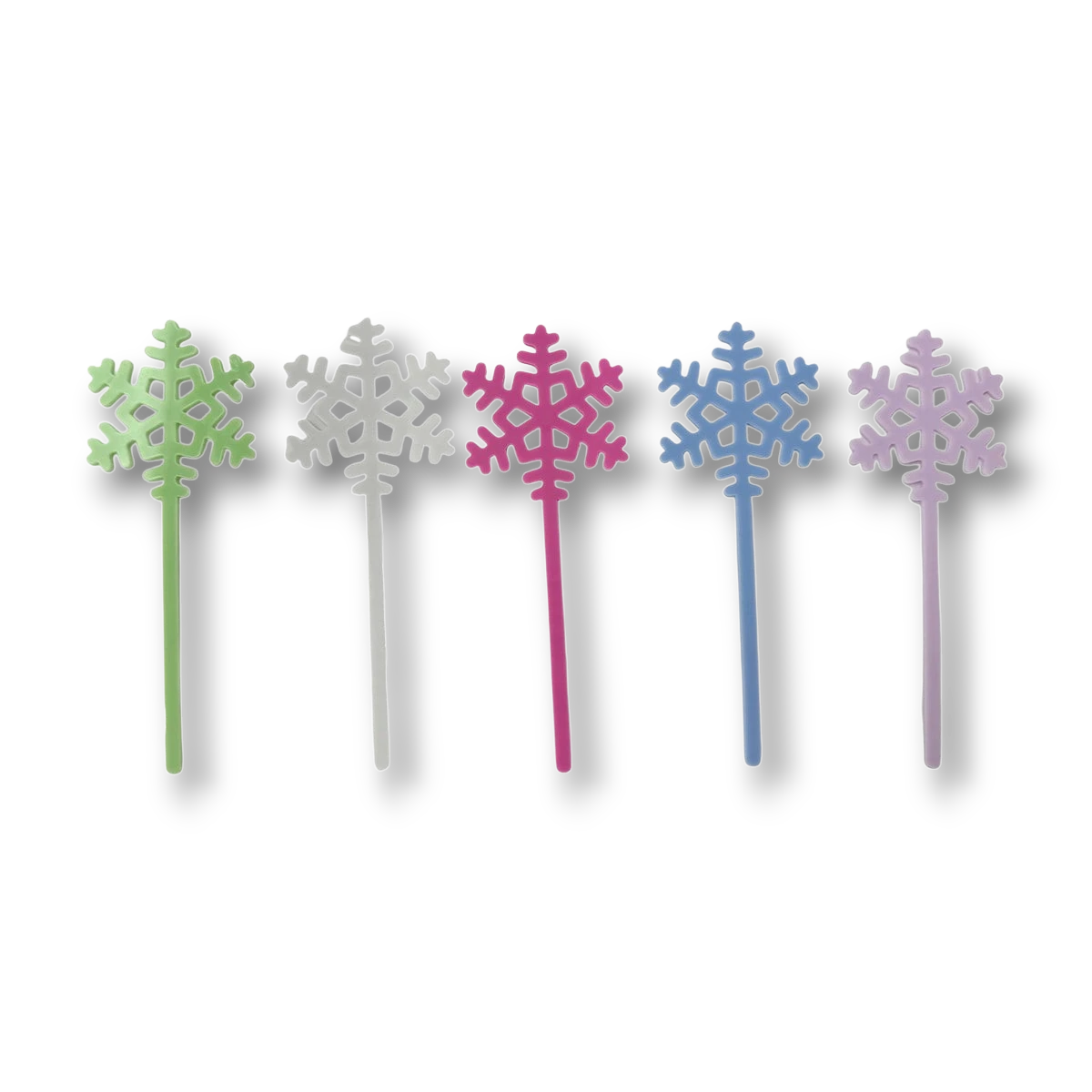 Set de 5 agitadores de acrílico PartyStore con diseño de copo de nieve en colores variados para bebidas
