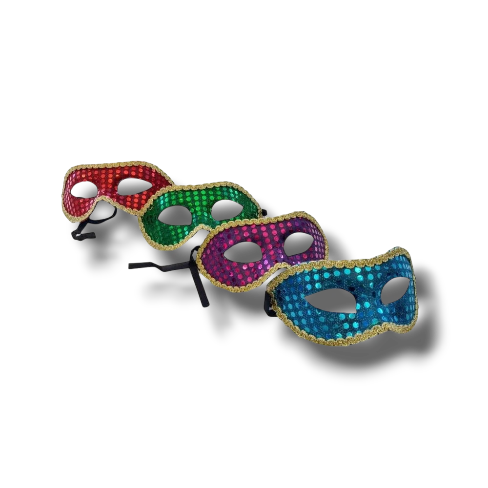 Antifaz de lentejuela PartyStore en colores rojo, verde, morado y azul con borde dorado para fiestas y disfraces
