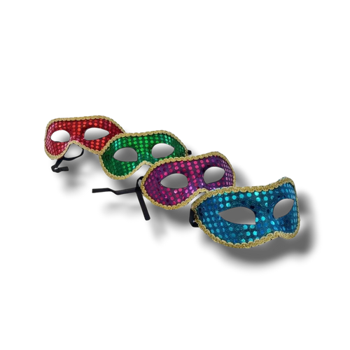 Antifaz de lentejuela PartyStore en colores rojo, verde, morado y azul con borde dorado para fiestas y disfraces