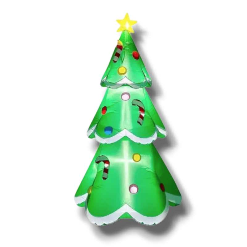 Arbol de Navidad inflable PartyStore de 1.5 metros con luces LED, adornos coloridos y estrella superior iluminada.