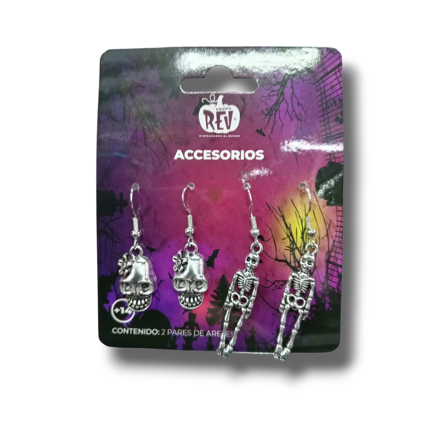 Aretes de esqueleto y calavera PartyStore en tono plateado para disfraz de Halloween