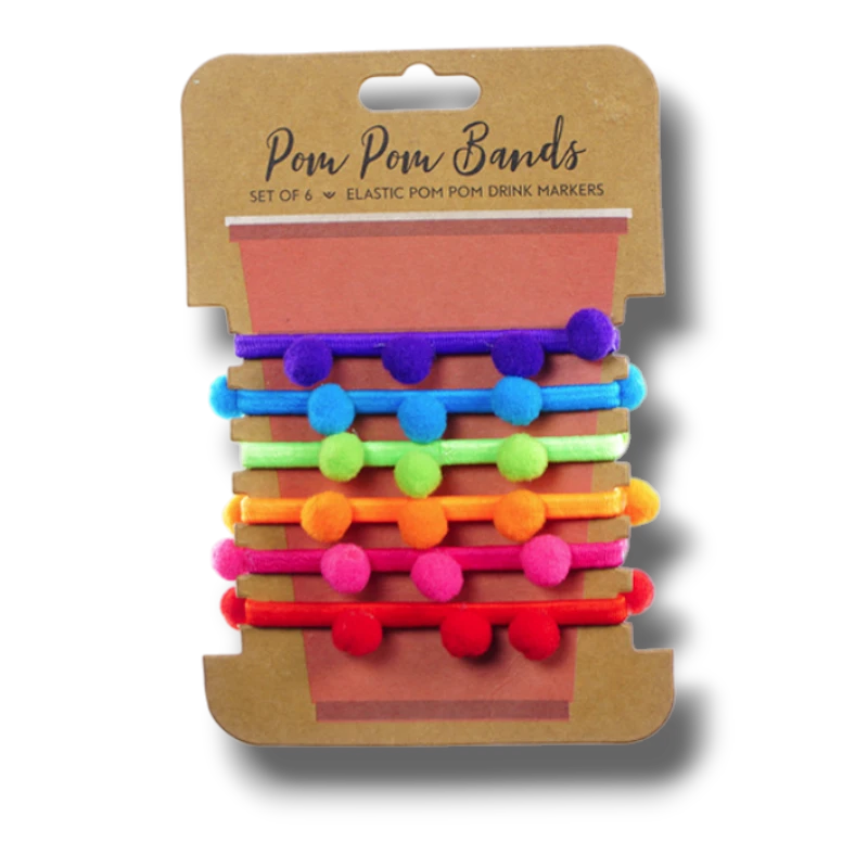 Set de 6 bandas elásticas PartyStore con pompones de colores para identificar bebidas en fiestas