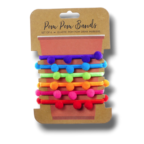 Set de 6 bandas elásticas PartyStore con pompones de colores para identificar bebidas en fiestas