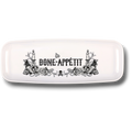Bandeja rectangular de plástico PartyStore blanca con diseño gótico de calaveras, rosas y texto Bone-Appetit en negro
