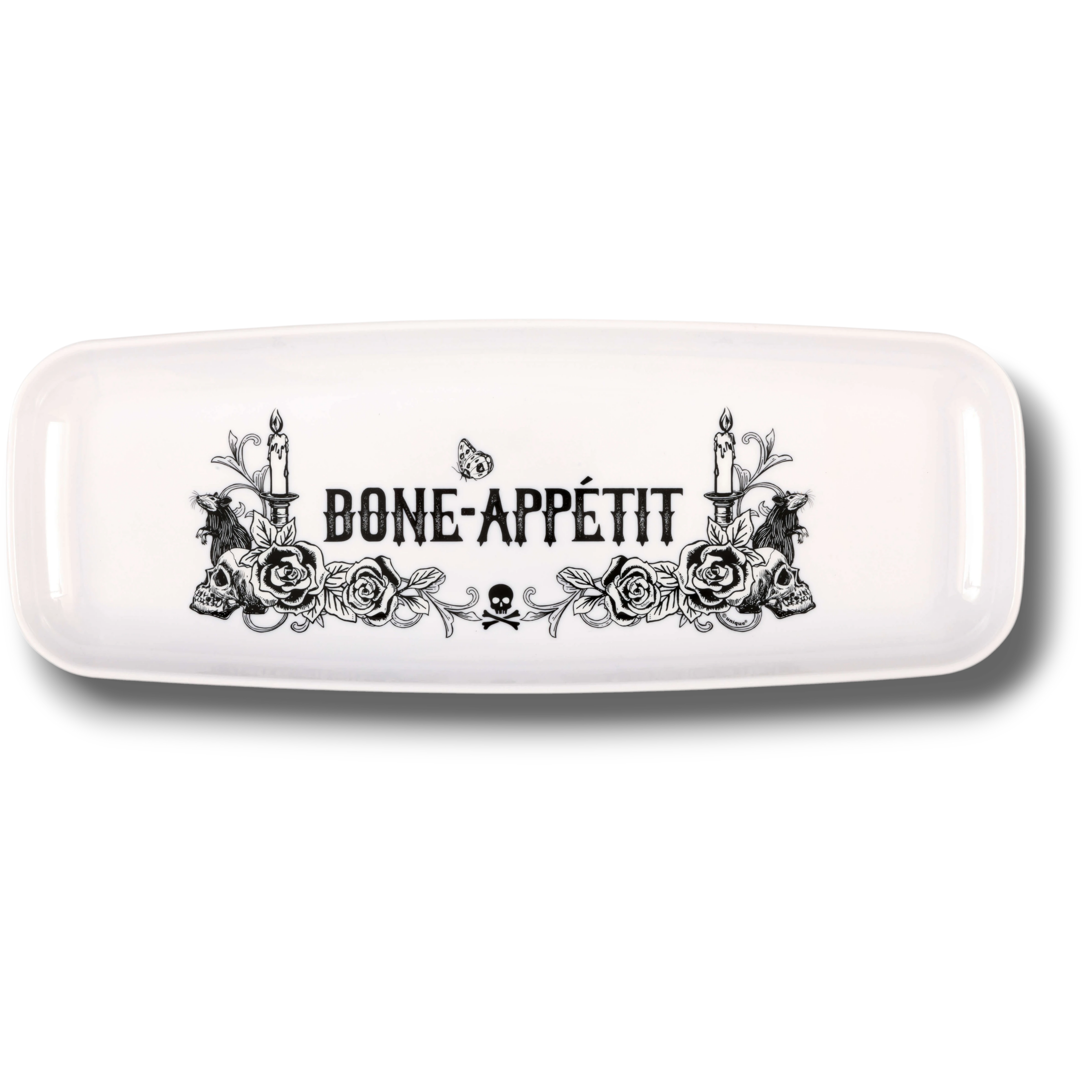 Bandeja rectangular de plástico PartyStore blanca con diseño gótico de calaveras, rosas y texto Bone-Appetit en negro