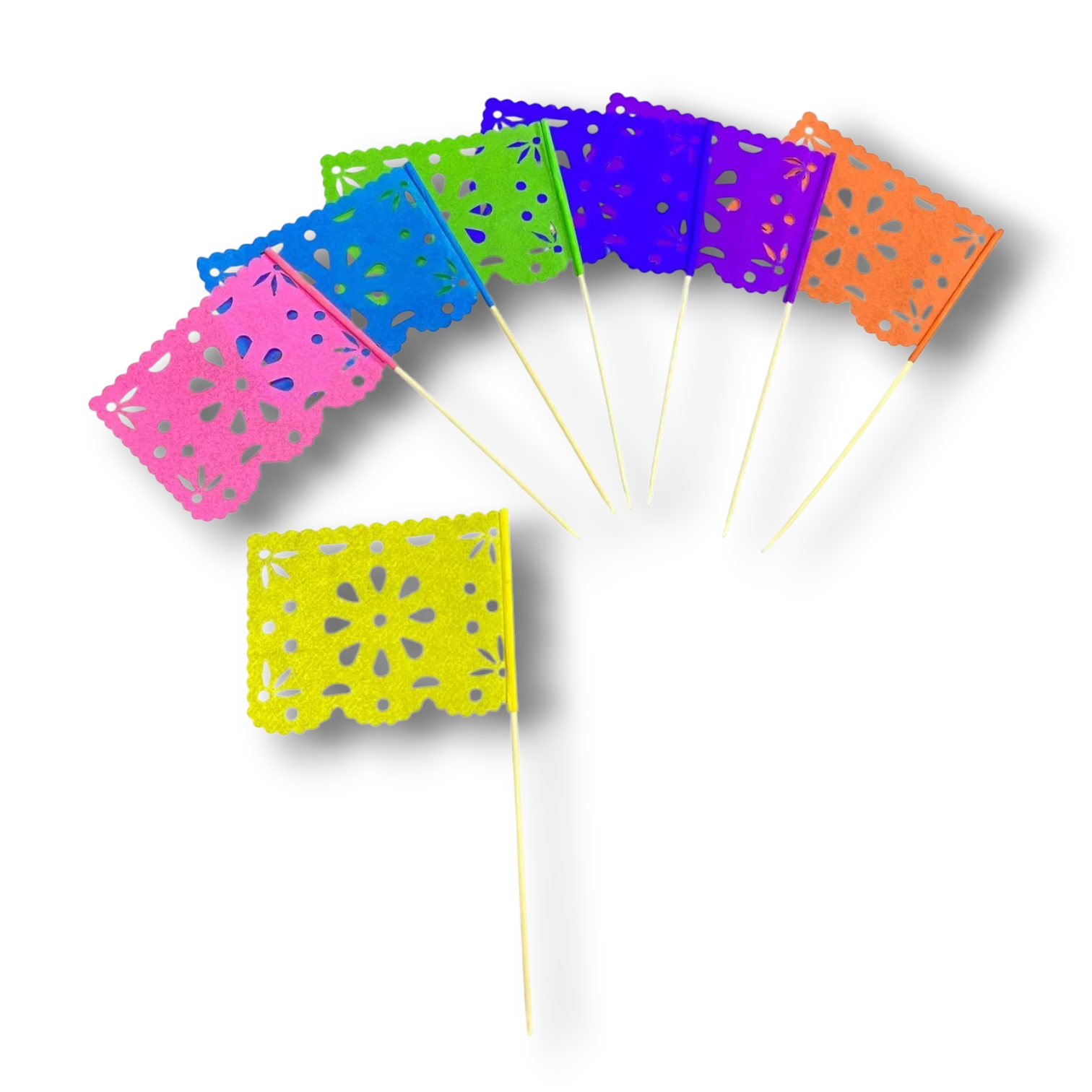 Set de 10 banderas cocteleras PartyStore con diseño de papel picado floral en colores vibrantes sobre palillos