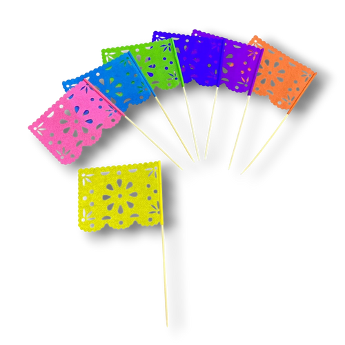 Set de 10 banderas cocteleras PartyStore con diseño de papel picado floral en colores vibrantes sobre palillos