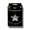 Banderín de Año Nuevo plateado de PartyStore en empaque negro con diseño de estrella para decoración festiva
