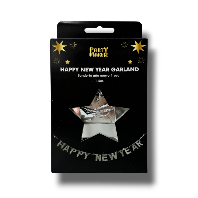 Banderín de Año Nuevo plateado de PartyStore en empaque negro con diseño de estrella para decoración festiva