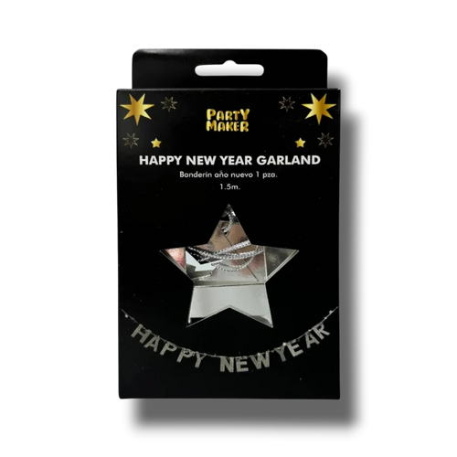 Banderín de Año Nuevo plateado de PartyStore en empaque negro con diseño de estrella para decoración festiva