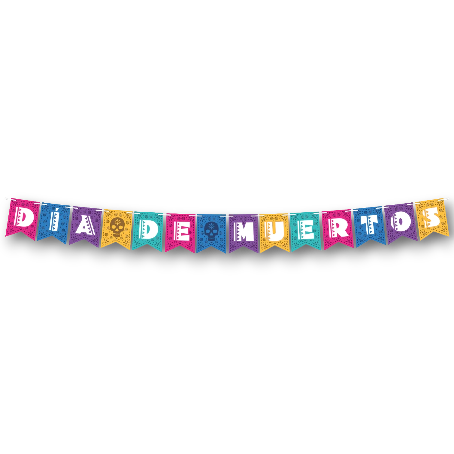 Banderín móvil colgante PartyStore para Día de Muertos con letras coloridas y diseños de calaveras
