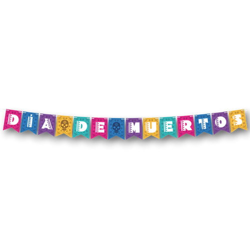 Banderín móvil colgante PartyStore para Día de Muertos con letras coloridas y diseños de calaveras