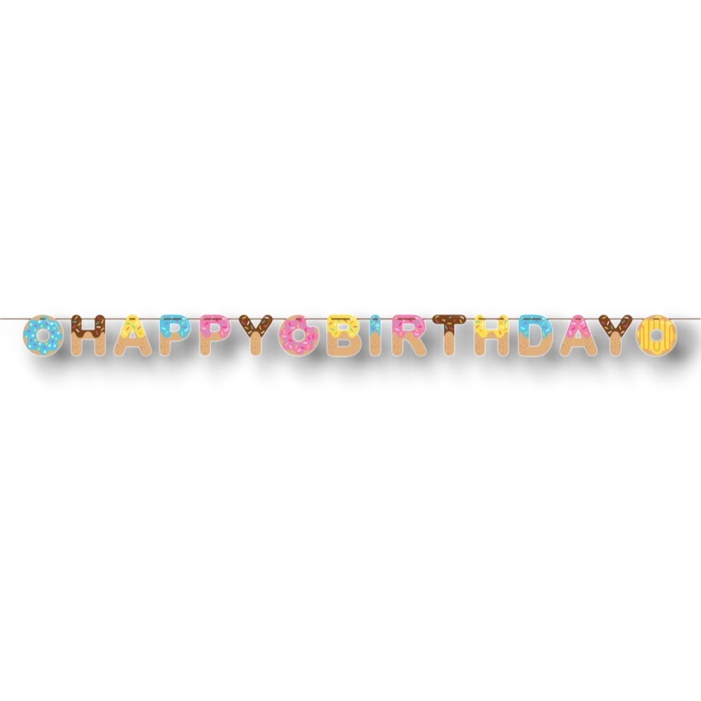 Banderín PartyStore con letras en forma de donas decoradas con glaseado de colores para fiesta de cumpleaños