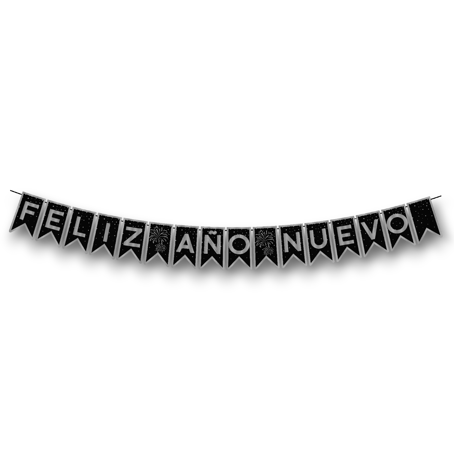 Banderín PartyStore de Feliz Año Nuevo en color negro con letras plateadas y detalles de fuegos artificiales