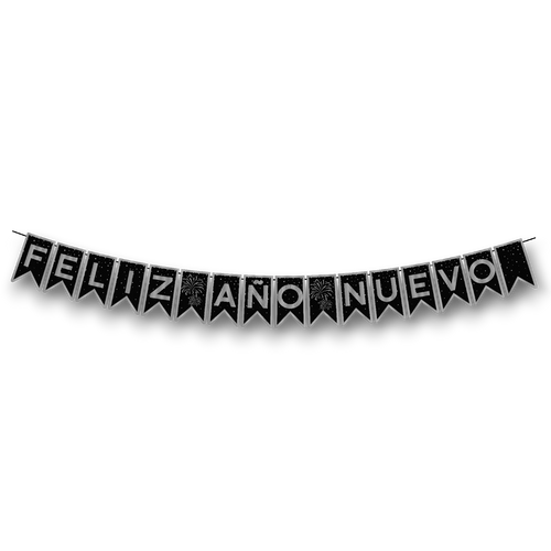 Banderín PartyStore de Feliz Año Nuevo en color negro con letras plateadas y detalles de fuegos artificiales