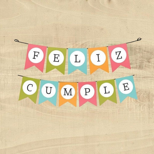 Banderín PartyStore con letras FELIZ CUMPLE en colores vibrantes sobre fondo de madera para decoración de fiestas