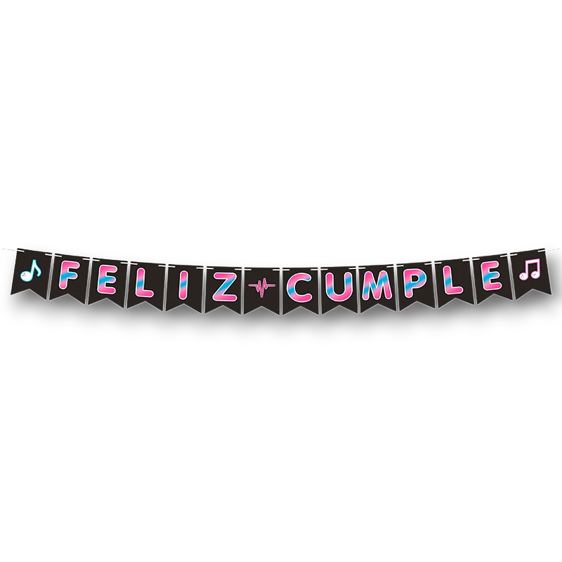 Banderín PartyStore con letras coloridas de Feliz Cumpleaños y notas musicales sobre fondo negro para decoración