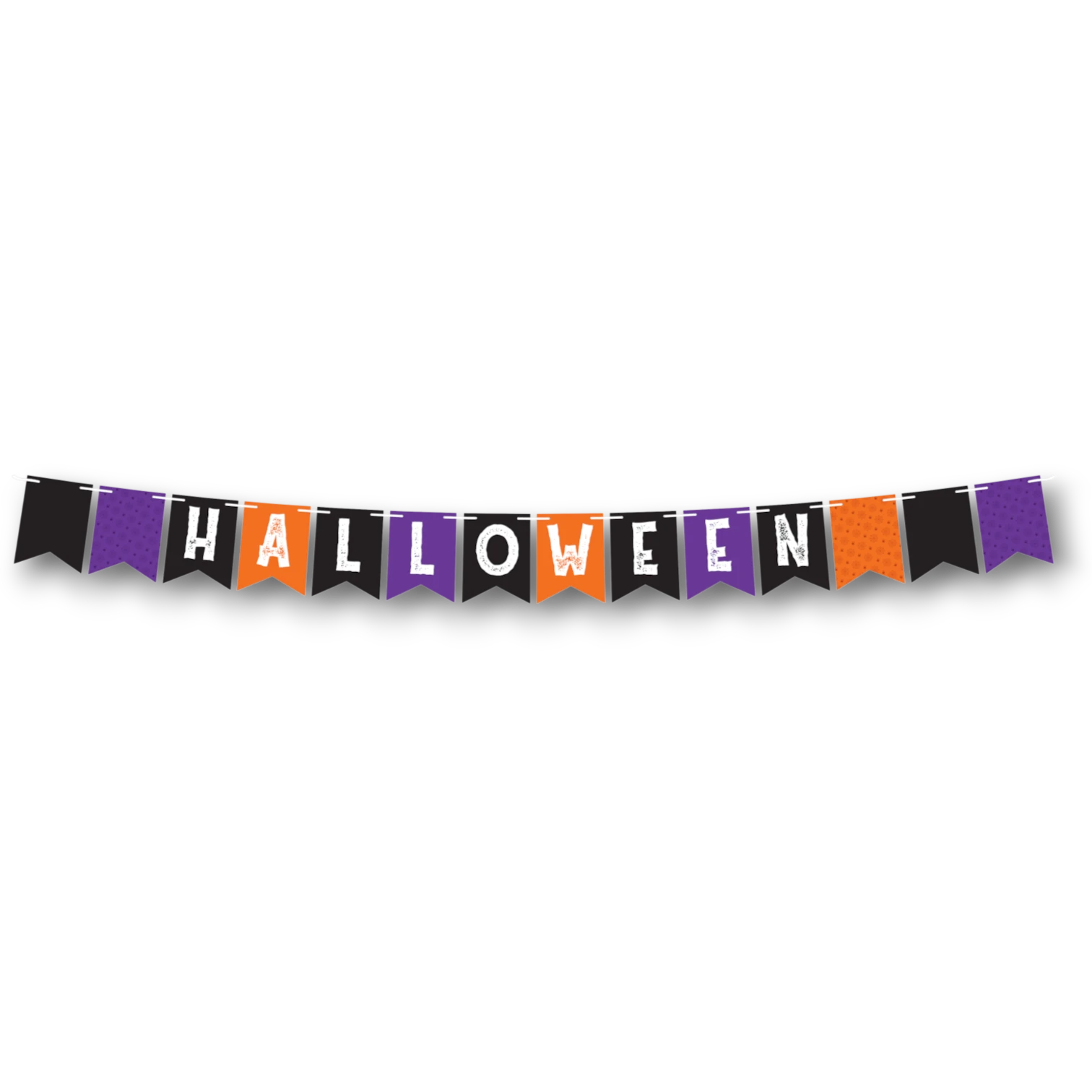 Banderín colgante PartyStore con letras HALLOWEEN en colores negro, naranja y morado con diseño de telarañas