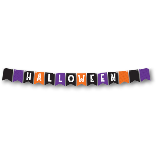 Banderín colgante PartyStore con letras HALLOWEEN en colores negro, naranja y morado con diseño de telarañas