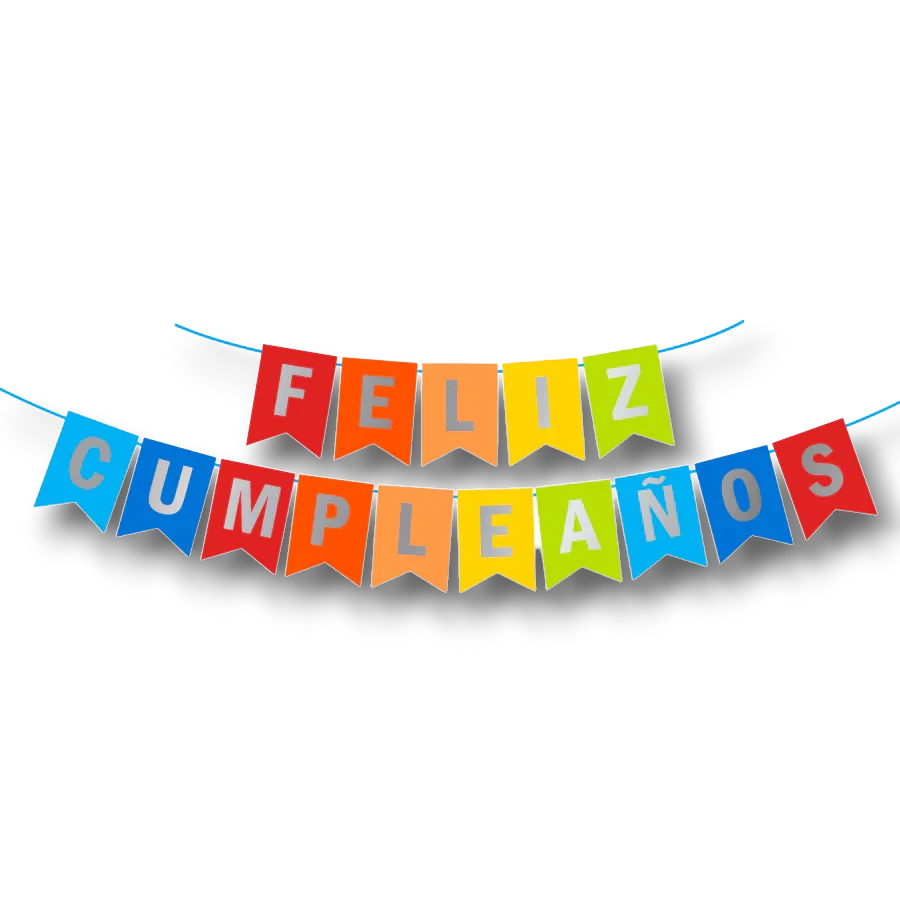 Banderín multicolor PartyStore con letras blancas que forman la frase Feliz Cumpleaños para decoración de fiestas