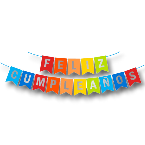 Banderín multicolor PartyStore con letras blancas que forman la frase Feliz Cumpleaños para decoración de fiestas
