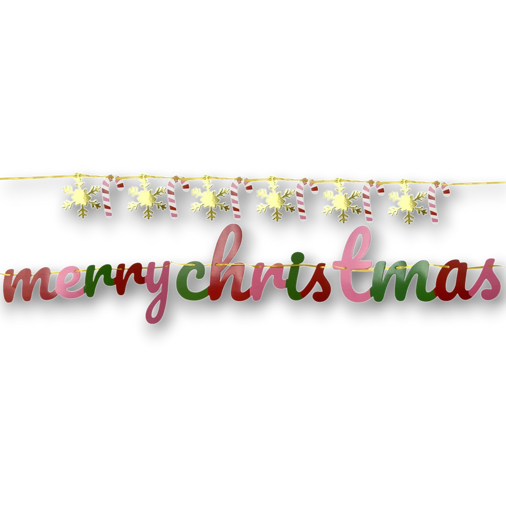 Banderín PartyStore Dulce Navidad con letras Merry Christmas, copos de nieve dorados y bastones de caramelo